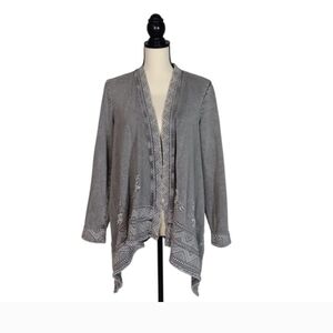Coldwater Creek Gray Embroidered Coastal Grandma Cardigan Sweater  Waterfall Hem